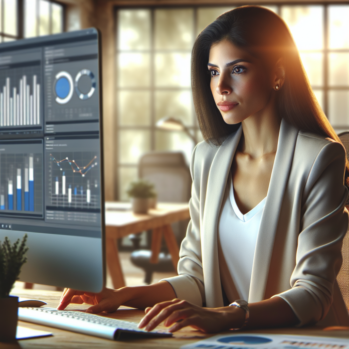 A marketing executive reviewing pharma digital marketing performance metrics on a laptop.