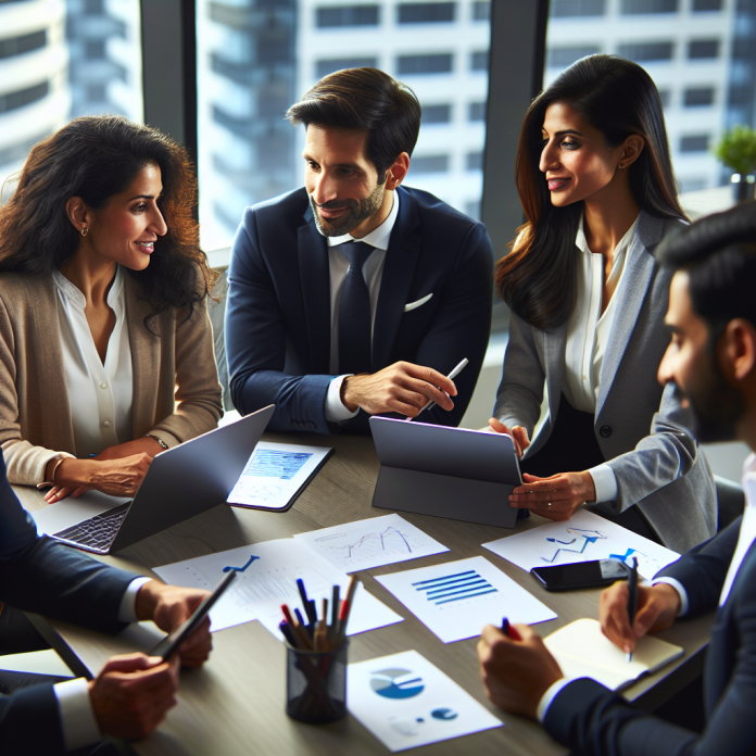 Pharma marketers discussing paid social media campaign metrics on a digital dashboard.