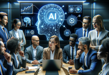 How to integrate AI in Pharma Marketing Pharma marketing professionals discussing AI-powered marketing strategies with data analytics displayed on screens.