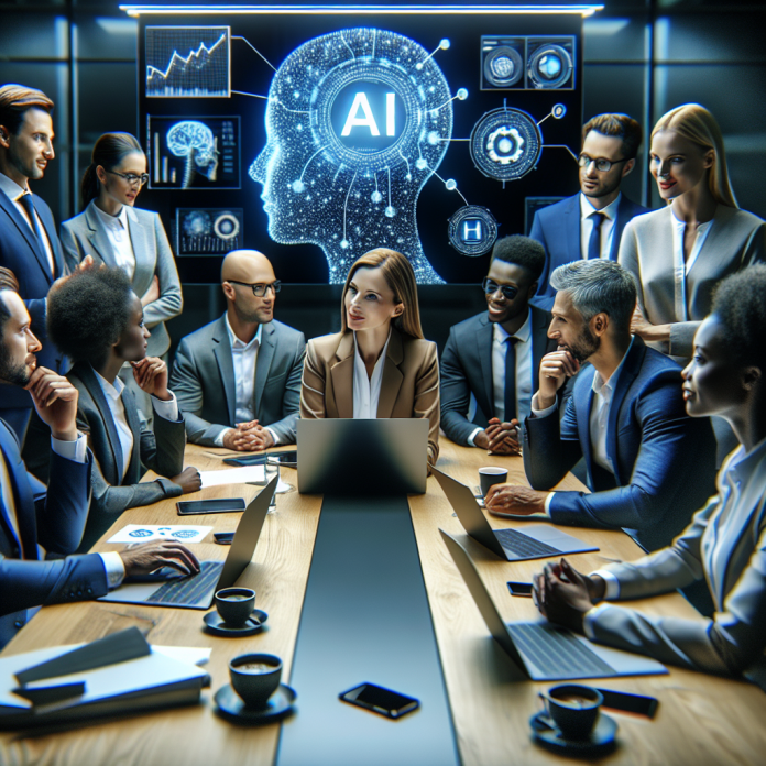 Pharma marketing professionals discussing AI-powered marketing strategies with data analytics displayed on screens.