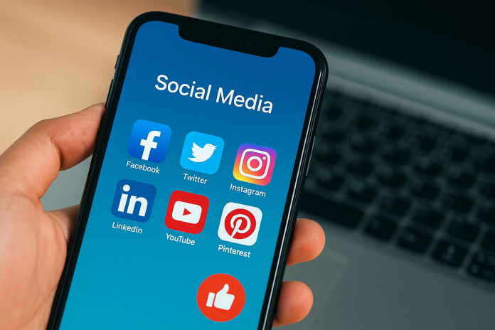 Illustration showing social media platforms integrated into pharmaceutical marketing.