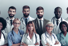 Cost-Per-Click to Target HCPs A group of healthcare professionals targeted by CPC advertising performance on a digital dashboard.