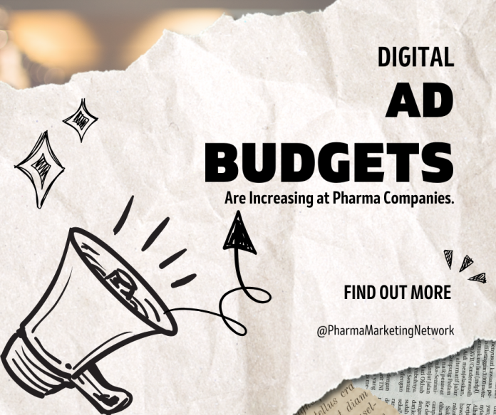 Graphic showing digital ad budgets increasing at pharma companies with a megaphone and hand-drawn visuals.
