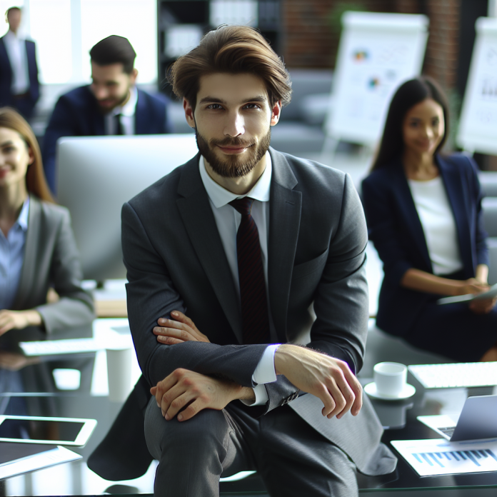 Male pharma marketing executive analyzing digital healthcare data in a modern office.