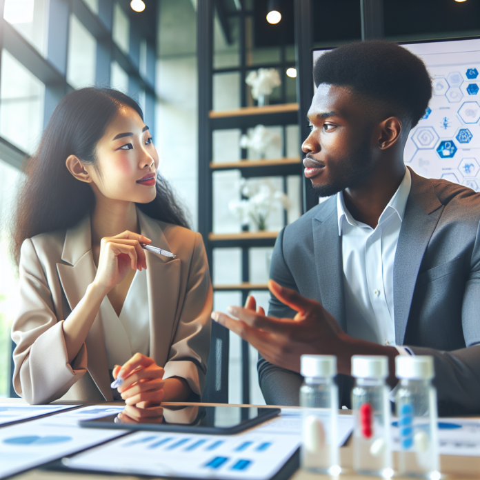 A group of marketing executives reviewing pharma advertising strategies and compliance requirements.