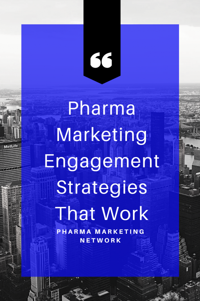 Graphic with the title “Pharma Marketing Engagement Strategies That Work” over a city skyline background.