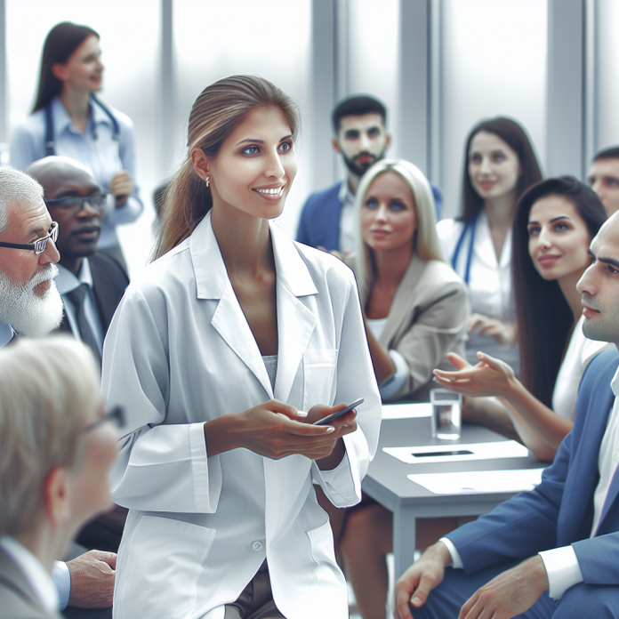 Clinical woman attending a pharma marketing conference