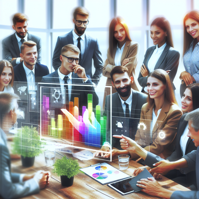 Pharma marketing executives examining pay per click advertising results on a digital screen.