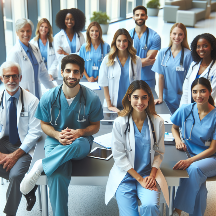 Healthcare professionals discussing patient care in a clinical setting.