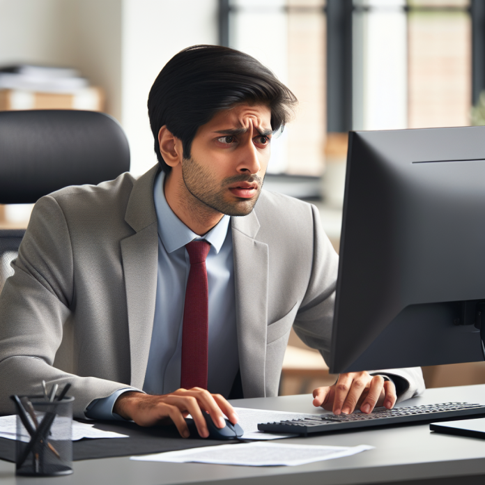 Confused marketing executive looking at healthcare marketing analytics on a computer.