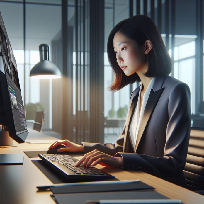 Woman analyzing pharma ad retargeting data on a computer.