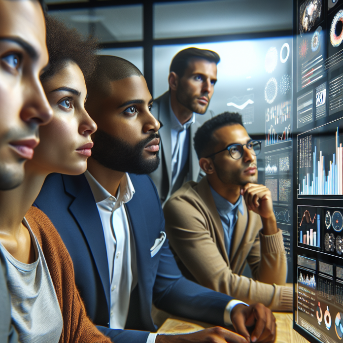 Pharma Marketing Team Reviewing Social Media Analytics Pharma marketing team evaluating social media analytics on a digital dashboard.