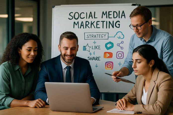 |Group of professionals planning a pharma social media marketing strategy in an office setting.