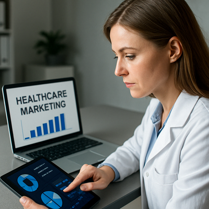 Pharma brand strategist evaluating healthcare marketing data on a tablet