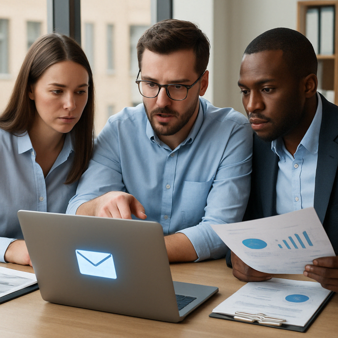 Pharma marketing team reviewing email campaign analytics