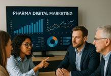 How to Thrive in Pharma Digital Marketing Pharma digital marketing team reviewing data analytics on screen.