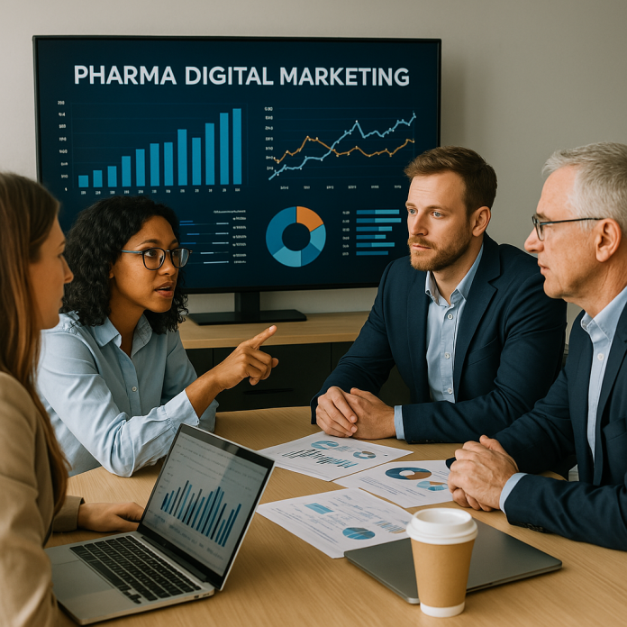 Pharma digital marketing team reviewing data analytics on screen.