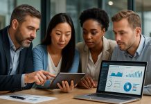 Customer Engagement Strategies for Pharma Marketing A group of professionals collaborating in a modern healthcare marketing office