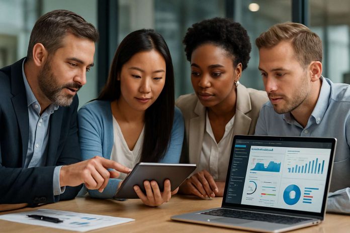 A group of professionals collaborating in a modern healthcare marketing office