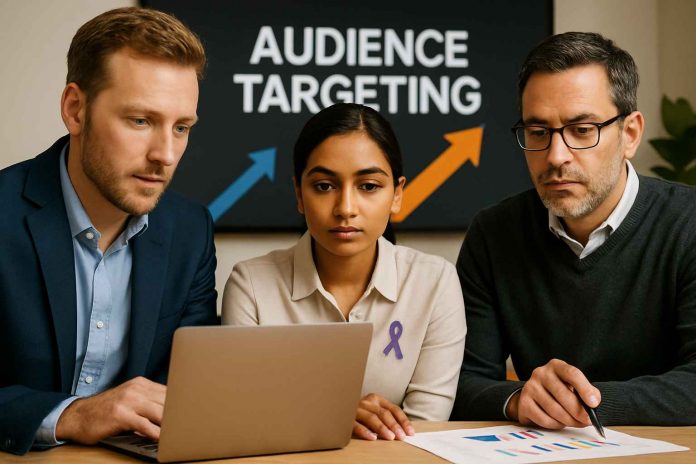 Pharma marketing professionals reviewing digital audience targeting analytics|