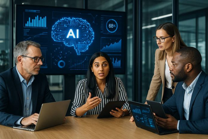 Pharma marketers reviewing an AI-powered campaign dashboard