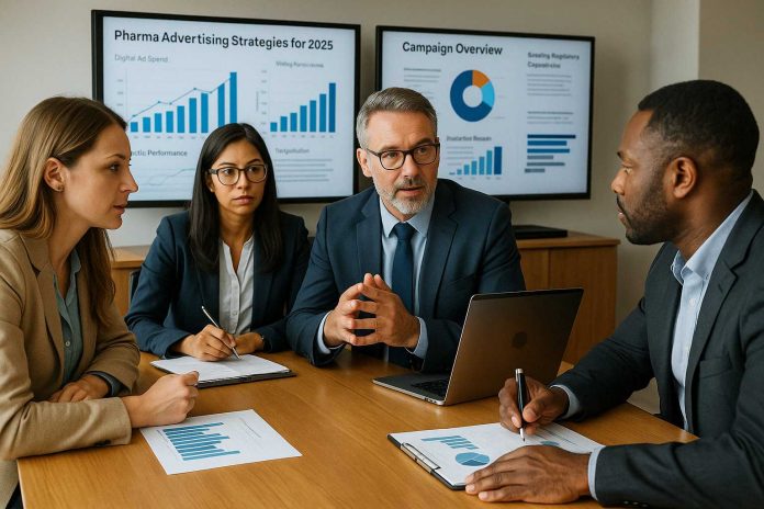 Group of pharma marketers working on digital healthcare strategies in 2025