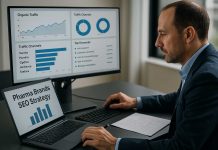 Pharma Brands and the 2025 Shifting Strategy Pharma marketer reviewing SEO performance for branded medications