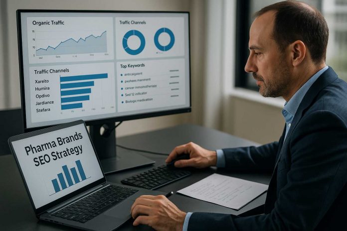 Pharma marketer reviewing SEO performance for branded medications