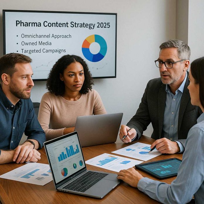 Pharma marketing team planning 2025 content strategies for healthcare campaigns