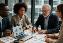 Why Pharma’s Digital Ad Spend Will Surge Amid Tariff Fears and TV Ad Uncertainty Group of professionals reviewing pharma digital ad performance reports