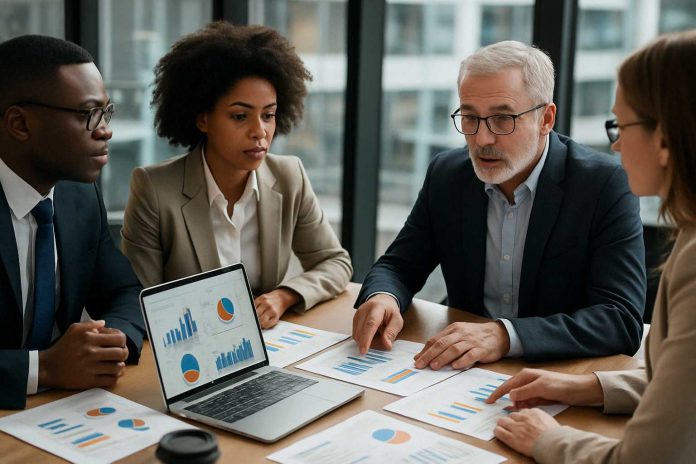 Group of professionals reviewing pharma digital ad performance reports