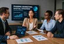 Digital Marketing Strategies Pharma Marketers Should Prioritize in 2025 Team of pharma marketers collaborating on a digital strategy campaign plan.
