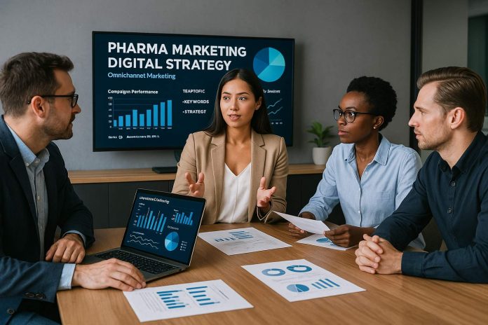 Team of pharma marketers collaborating on a digital strategy campaign plan.
