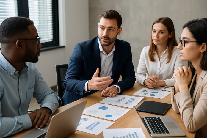 Pharma marketing team collaborating on influencer campaign plans.