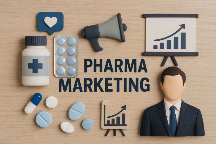 Realistic photo illustrating pharmaceutical marketing with medicine bottle