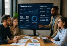 SEO Marketing Strategies that work in Pharma Pharma marketers reviewing an SEO strategy and analytics dashboard together in a collaborative workspace.