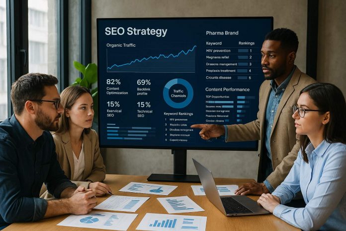 Pharma marketers reviewing an SEO strategy and analytics dashboard together in a collaborative workspace.