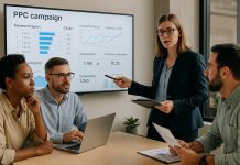 The Value of PPC Campaigns in Modern Pharma Marketing Pharma marketers reviewing PPC campaign data on a screen during a strategy meeting.