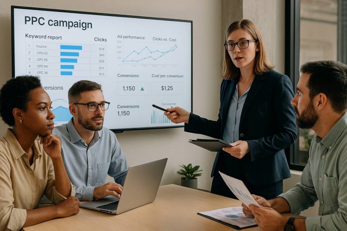 Pharma marketers reviewing PPC campaign data on a screen during a strategy meeting.