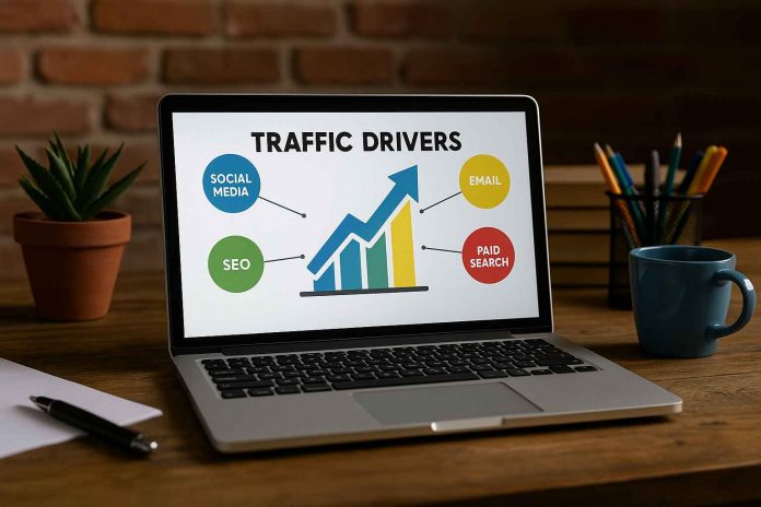 Digital marketing dashboard showing traffic driver sources for a pharmaceutical brand.