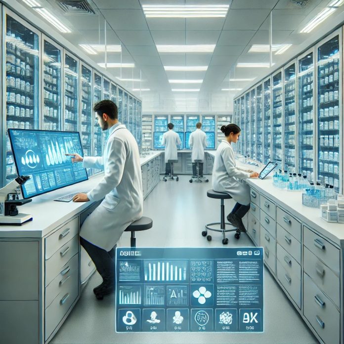 Pharmaceutical researchers using digital tools in a lab setting.​