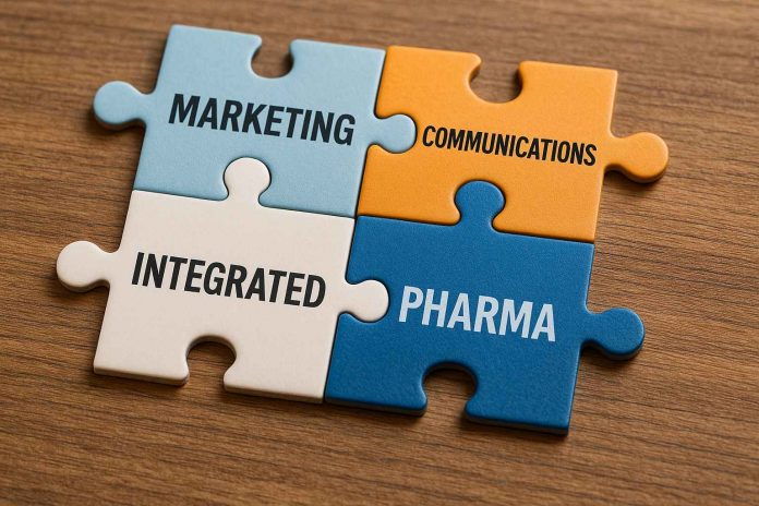 Pharma marketers coordinating IMC strategy using digital tools.