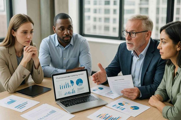 Pharma marketing team reviewing vendor strategy documents in 2025