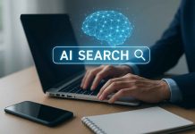 Optimizing Pharma Websites with AI-Driven Search Strategies Person analyzing AI-driven search performance on a laptop for a pharma website