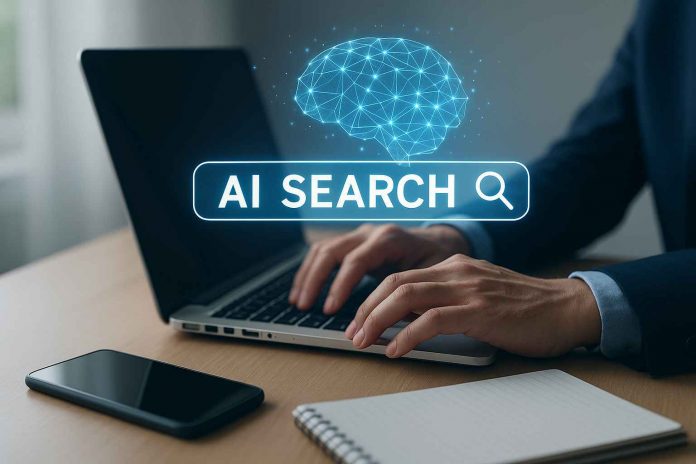 Person analyzing AI-driven search performance on a laptop for a pharma website