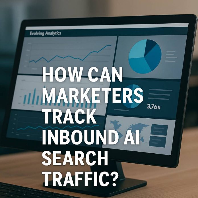 Marketer studying AI Search referral data on a screen in office.