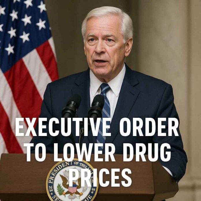 Executive signing drug pricing reform order at government desk with policy advisors nearby