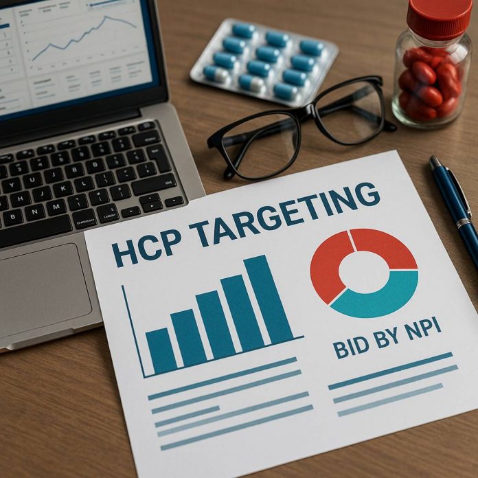 Pharma marketer reviewing HCP targeting data with Bid by NPI charts.