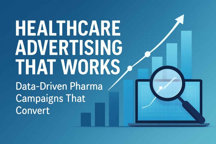 Healthcare advertising professionals reviewing campaign analytics on multiple digital devices