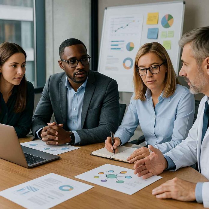 Pharma professionals collaborating on healthcare brand strategy in office